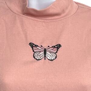 Y2K Style Embroidered Butterfly Crop Top Women Size M Pink Long Sleeve Mock Neck